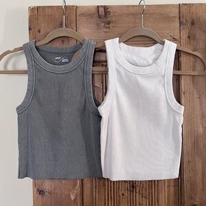 Set of 2 Aerie Ribbed Crop Tank Tops - Greenish/Gray and Ivory/Cream both Small
